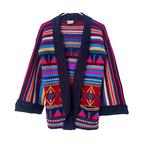 Vintage Sweaters - Vtg 70s Cardigan Multicolor Sweater Striped Boho M